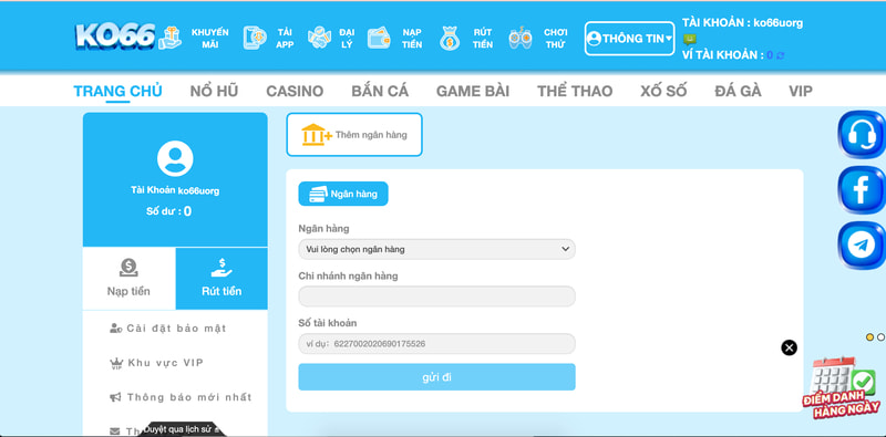 Ko66 hỗ trợ người dùng rút tiền nhanh qua tài khoản ngân hàng và thẻ cào điện thoại